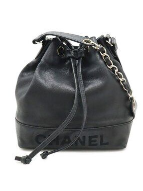 Chanel Logo Drawstring Shoulder Bag Chain Bag Caviar Leather Black Silver Pouch